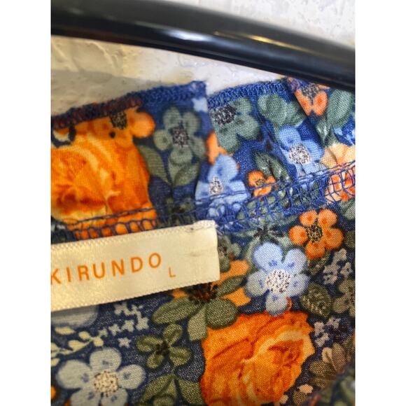 Kirundo Floral Mini Shift Dress EUC Sz Lg Ruffle Hem Neck Tie Polyester Light - Picture 5 of 13